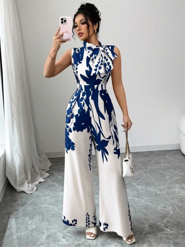 Elegant Blue Botanical Print Tie-Neck Jumpsuit