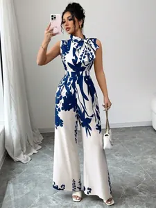 Elegant Blue Botanical Print Tie-Neck Jumpsuit